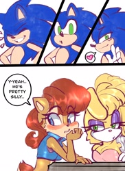 Size: 1490x2048 | Tagged: safe, artist:gummierat, bunnie rabbot, sally acorn, hedgehog, rabbit, 2025, comic, dialogue, english text, female, heart, looking at them, male, noticing, outdoors, sally x sonic, sally's vest and boots, shipping, sitting, speech bubble, straight, table, trio