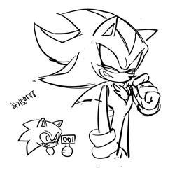 Size: 2000x2000 | Tagged: safe, artist:tamjeong_sonic, shadow the hedgehog, sonic the hedgehog, 2025, blushing, blushing ears, duo, eyes closed, greyscale, holding something, korean text, monochrome, sign, simple background, sketch, smile, standing, white background