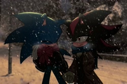 Size: 2048x1352 | Tagged: safe, artist:tamjeong_sonic, shadow the hedgehog, sonic the hedgehog, 2025, blushing, duo, eyes closed, gay, hand in pocket, holding hands, jacket, lidded eyes, looking at them, mouth open, outdoors, scarf, shadow x sonic, shipping, smile, snowing, standing, winter