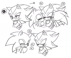 Size: 2000x1629 | Tagged: safe, artist:tamjeong_sonic, shadow the hedgehog, sonic the hedgehog, 2025, arrow, blushing, comic, duo, eyes closed, gay, greyscale, heart, kiss on cheek, monochrome, mouth open, shadow x sonic, shipping, simple background, sketch, smile, squiggle, white background