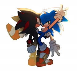 Size: 2048x1895 | Tagged: safe, artist:tamjeong_sonic, shadow the hedgehog, sonic the hedgehog, 2025, duo, gay, grin, holding them, looking at viewer, shadow x sonic, shipping, simple background, smile, standing, white background