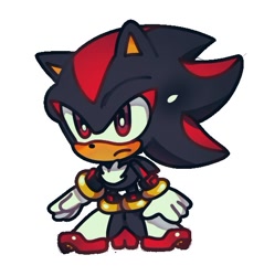 Size: 545x569 | Tagged: safe, artist:tamjeong_sonic, shadow the hedgehog, 2025, chibi, cute, frown, simple background, solo, standing, white background
