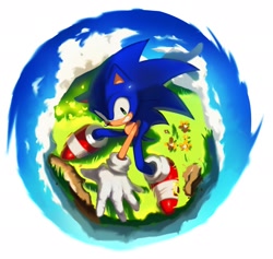 Size: 2048x1945 | Tagged: safe, artist:tamjeong_sonic, sonic the hedgehog, 2025, clouds, daytime, flower, grass, grin, hand on ground, outdoors, simple background, smile, solo, white background
