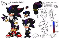 Size: 2048x1363 | Tagged: safe, artist:tamjeong_sonic, shadow the hedgehog, sonic the hedgehog, oc, oc:dia, 2025, child, fankid, gloves off, korean text, lidded eyes, oc only, parent:shadow, parent:sonic, parents:sonadow, simple background, smile, solo, standing, white background