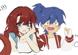 Size: 1168x830 | Tagged: safe, artist:candleyy, sally acorn, sonic the hedgehog, human, 2026, blushing, clothes, duo, female, fully clothed, male, sally x sonic, sally's vest and boots, shipping, simple background, straight, thumbs up, white background