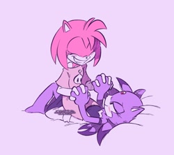 Size: 2048x1820 | Tagged: safe, artist:brandonsantiago, amy rose, blaze the cat, amy x blaze, blushing, females only, hair down, holding hands, pajamas, shipping