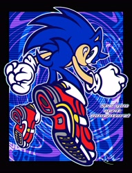 Size: 3133x4096 | Tagged: safe, artist:biolizard02, sonic the hedgehog, 2025, english text, grin, smile, soap shoes, solo