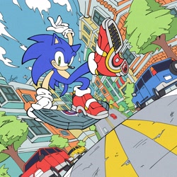 Size: 4096x4096 | Tagged: safe, artist:biolizard02, sonic the hedgehog, city escape, sonic adventure 2, 2024, car, g.u.n logo, grin, outdoors, smile, soap shoes, solo, treads