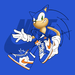 Size: 2480x2480 | Tagged: safe, artist:biolizard02, sonic the hedgehog, 2023, alternate outfit, alternate shoes, blue background, grin, looking at viewer, nike, simple background, smile, solo