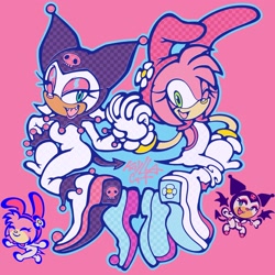 Size: 3000x3000 | Tagged: safe, artist:kayllacat, amy rose, rouge the bat, 2025, chibi, cosplay, duo, eyes closed, holding hands, kuromi, looking at each other, looking at them, my melody, pink background, sanrio, signature, simple background, smile, wink