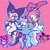 Size: 3000x3000 | Tagged: safe, artist:kayllacat, amy rose, rouge the bat, 2025, blue outline, chibi, cosplay, duo, eyes closed, holding hands, kuromi, looking at each other, looking at them, my melody, outline, pink background, sanrio, signature, simple background, smile, wink