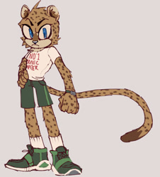 Size: 664x733 | Tagged: safe, artist:zeezu-ix, oc, cheetah, 2023, clenched fist, clothes, ear fluff, flat colors, frown, fully clothed, fur markings, grey background, hand on hip, looking at viewer, male, oc only, shirt, shoelaces, shoes, shorts, simple background, sneakers, socks, solo, solo male, watch, words on a shirt