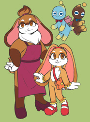 Size: 1526x2048 | Tagged: safe, artist:velveteen-vampire, cheese (chao), chocola (chao), chao, rabbit, 2023, agender, alternate eye color, apron, bag, beanbrows, bowtie, brown eyes, buck teeth, clothes, eyelashes, family, female, flying, fur markings, gloves, green eyes, group, hands on hips, heels, mary-janes, mother and child, mother and daughter, neck fluff, neutral chao, redesign, shoes, simple background, smile, socks, standing