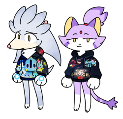 Size: 718x694 | Tagged: safe, artist:velveteen-vampire, blaze the cat, silver the hedgehog, cat, chao, hedgehog, 2021, barefoot, blazebetes, chao in space, clothes, cute, duo, eyelashes, female, flat colors, frown, fur markings, gloves, hoodie, lidded eyes, looking offscreen, male, neutral chao, paws, pink nose, silvabetes, simple background, smile, smirk, standing, white background