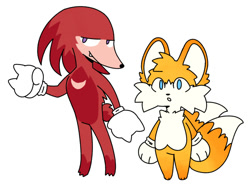 Size: 1071x789 | Tagged: safe, artist:velveteen-vampire, knuckles the echidna, miles "tails" prower, echidna, fox, 2023, :o, arm fluff, barefoot, chest fluff, clenched fists, cute, duo, duo male, ear fluff, fur markings, gloves, knucklebetes, lidded eyes, looking at viewer, looking offscreen, male, males only, mouth open, one fang, paws, smile, standing, tailabetes