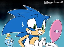 Size: 2048x1507 | Tagged: safe, artist:idolnya, sonic the hedgehog, chao, hedgehog, 2019, agender, bandaid, chao in space, clenched teeth, duo, eye twitch, eyes closed, flat colors, floppy ears, frown, holding something, injured, male, mirror, neutral chao, outline, signature, smile, sweatdrop