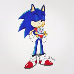 Size: 2048x2048 | Tagged: safe, artist:diananovelo11, sonic the hedgehog, chao, hedgehog, 2019, :3, agender, baby carrier, chao in space, duo, eyes closed, father and child, hands on hips, happy, male, neutral chao, proud, signature, simple background, smile, standing, white background