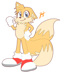 Size: 1168x1438 | Tagged: safe, artist:thebeamerut, miles "tails" prower, fox, 2026, flat colors, floppy ear, hand on hip, looking at viewer, male, pointing, signature, simple background, smile, smiling at viewer, solo, solo male, standing, white background
