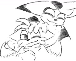 Size: 1280x1017 | Tagged: safe, artist:isaacbento73, big the cat, miles "tails" prower, cat, fox, 2026, bigabetes, cute, duo, duo male, eyes closed, hand on another's head, line art, male, males only, monochrome, noogie, one eye closed, simple background, smile, tailabetes, white background