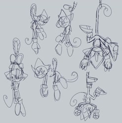 Size: 2020x2048 | Tagged: safe, artist:aleespace-art, espio the chameleon, 2026, chameleon, frown, grey background, hanging, line art, male, monochrome, simple background, sketch, solo, solo male, upside down