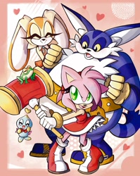 Size: 1633x2048 | Tagged: safe, artist:saviebelle, amy rose, big the cat, cheese (chao), cream the rabbit, froggy, cat, chao, frog, hedgehog, rabbit, 2025, agender, creamabetes, cute, eyes closed, female, group, heart, holding something, looking at them, looking at viewer, male, neutral chao, piko piko hammer, smile, smiling at them, smiling at viewer, standing, team rose, yellow sclera