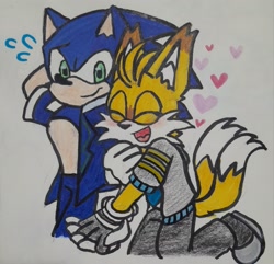 Size: 2048x1971 | Tagged: safe, artist:appleandcinnamon, miles "tails" prower, nine, sonic the hedgehog, fox, hedgehog, 2025, clothes, duo, duo male, gay, heart, holding arm, holding hands, hugging, jacket, male, males only, nine x sonic, open jacket, shipping, smile, sonic x tails, traditional media