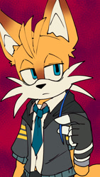 Size: 1080x1920 | Tagged: safe, artist:appleandcinnamon, miles "tails" prower, nine, fox, sonic prime, 2025, clothes, ear fluff, flat colors, frown, fur markings, holding something, implied sonic, jacket, looking offscreen, male, quill, shirt, solo, solo male, standing, tie