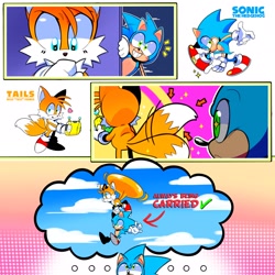 Size: 2048x2048 | Tagged: safe, artist:sp1nd-ash, artist:sp1ndash, miles "tails" prower, sonic the hedgehog, 2022, adventure pose, arrow, character name, comic, cute, duo, duo male, flying, frown, heart, holding something, male, males only, miles electric, outline, posing, smile, sparkles, spinning tails, text