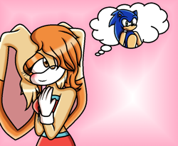 Size: 800x658 | Tagged: safe, artist:soneamlover, cream the rabbit, sonic the hedgehog, 2019, aged up, alternate universe, blushing, cream x sonic, gradient background, hair over one eye, lidded eyes, shipping, smile, solo, standing, straight, thinking, thought bubble