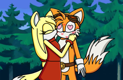 Size: 1143x752 | Tagged: safe, artist:recolouradventures, artist:soneamlover, miles "tails" prower, zooey the fox, 2019, daytime, duo, female, heart, heart eyes, kiss, kiss marks, kiss on cheek, male, outdoors, shipping, sonic boom (tv), standing, straight, tailsey, tree