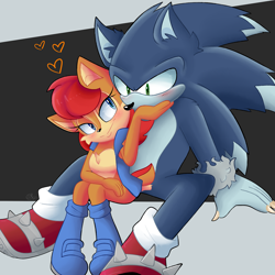 Size: 2000x2000 | Tagged: safe, artist:yoshiyoshi700, sally acorn, sonic the hedgehog, chipmunk, hedgehog, 2023, blushing, duo, heart, sally x sonic, sally's vest and boots, shipping, sitting, sonic the werehog, straight, werehog