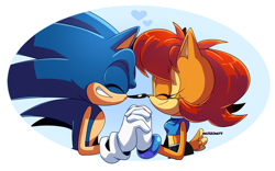 Size: 1680x1050 | Tagged: safe, artist:risziarts, sally acorn, sonic the hedgehog, chipmunk, hedgehog, 2023, duo, heart, holding hands, remake, sally x sonic, sally's ringblader outfit, shipping, snuggling, straight