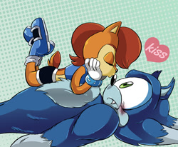 Size: 1300x1073 | Tagged: safe, artist:chauvels, sally acorn, sonic the hedgehog, chipmunk, hedgehog, 2015, abstract background, blushing, duo, english text, kiss, kiss on nose, sally x sonic, sally's ringblader outfit, shipping, sonic the werehog, straight, valentine's day, werehog