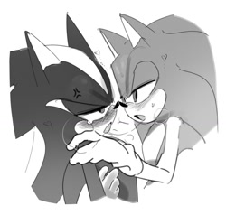 Size: 1466x1396 | Tagged: safe, artist:guitar_00000001, shadow the hedgehog, sonic the hedgehog, 2025, blushing, duo, gay, greyscale, heart, monochrome, saliva, saliva trail, shadow x sonic, shipping, simple background, white background
