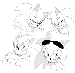 Size: 1888x1845 | Tagged: safe, artist:guitar_00000001, sonic the hedgehog, hedgehog, 2025, glasses, greyscale, looking at viewer, monochrome, pose, simple background, sketch, smile, solo, white background