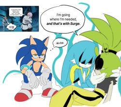 Size: 1391x1230 | Tagged: safe, artist:guitar_00000001, kit the fennec, sonic the hedgehog, surge the tenrec, hedgehog, tenrec, 2025, english text, female, fennec, korean text, lidded eyes, male, reference inset, simple background, sitting, speech bubble, thought bubble, trio, white background