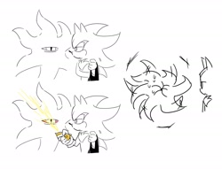 Size: 1945x1486 | Tagged: safe, artist:guitar_00000001, black doom, shadow the hedgehog, 2025, comic, doom's eye, duo, food, fruit, greyscale, holding something, lemon, monochrome, simple background, thour, white background