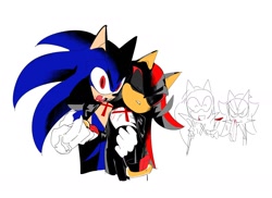 Size: 1420x1034 | Tagged: safe, artist:guitar_00000001, shadow the hedgehog, sonic the hedgehog, 2025, blood, blood on face, cape, duo, halloween, halloween outfit, simple background, standing, white background