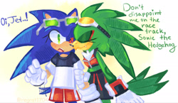 Size: 2048x1191 | Tagged: safe, artist:regrat1704, jet the hawk, sonic the hedgehog, bird, 2025, blushing, clothes, crop jacket, dialogue, duo, duo female, english text, female, females only, fully clothed, gender swap, gradient background, heart, jacket, jet x sonic, lesbian, nuzzle, r63 shipping, shipping, shirt, shorts, smile, sonic riders, standing, surprised, text, wagging tail