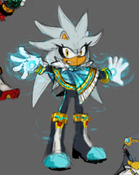 Size: 827x1037 | Tagged: safe, artist:eighttalestale, silver the hedgehog, hedgehog, 2025, boots, clenched teeth, clothes, eyelashes, female, frown, fully clothed, gender swap, gloves, looking at viewer, neck fluff, pants, poncho, psychokinesis, solo, solo female, standing