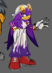 Size: 785x1098 | Tagged: safe, artist:eighttalestale, wave the swallow, bird, 2025, chest fluff, clothes, frown, gender swap, glasses, gloves, grey background, hand on hip, headscarf, holding something, lidded eyes, male, pants, pointing, shoes, simple background, solo, solo male, standing, topless, wrench