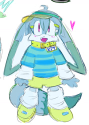 Size: 903x1267 | Tagged: safe, artist:bobbutterbutt, kit the fennec, 2025, alternate outfit, blushing, cap, character name, collar, cute, fennec, flat colors, fully clothed, hair clip, heart, kitabetes, leg warmers, male, name tag, shirt, shoes, shorts, simple background, solo, solo male, standing, sweater, text, white background, words on a shirt