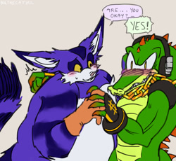Size: 1280x1178 | Tagged: safe, artist:bigthecatirl, big the cat, vector the crocodile, cat, crocodile, 2024, ask response, bigtor, blushing, dialogue, duo, duo male, ear fluff, english text, exclamation mark, flat colors, gay, grey background, holding hands, looking at each other, male, males only, rarepair, shipping, simple background, speech bubble, sweatdrop, text, yellow sclera