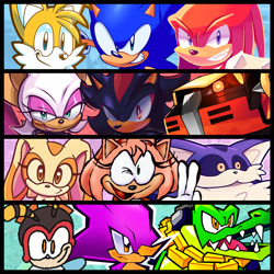 Size: 1335x1335 | Tagged: safe, artist:cory_hedgehog, artist:drawntildawn, artist:ess_n_stuffs, artist:fishflop_, artist:gamertimeartz, artist:gsvproductions, artist:katieee_llyn, artist:mauhawkman, artist:naptoku, artist:nenafena, artist:same8189, artist:theartpal, amy rose, big the cat, charmy bee, cream the rabbit, e-123 omega, espio the chameleon, knuckles the echidna, miles "tails" prower, rouge the bat, shadow the hedgehog, sonic the hedgehog, vector the crocodile, bat, bee, cat, crocodile, echidna, fox, hedgehog, rabbit, sonic heroes, 2025, alternate version, chameleon, collage, female, frown, group, looking at viewer, looking offscreen, male, robot, smile, team chaotix, team dark, team rose, team sonic, wall of tags
