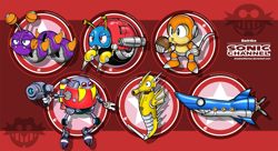 Size: 2800x1523 | Tagged: safe, artist:shadowlifeman, caterkiller, eggrobo, monkey dude, moto bug, 2020, agender, agender only, aquis, badnik, coconut, eggman empire logo, group, jawz, robot, sonic channel style, style emulation, uekawa style