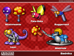 Size: 2849x2151 | Tagged: safe, artist:shadowlifeman, 2021, agender, agender only, badnik, buggernaut, character name, group, hole, leon, looking offscreen, madmole, mushmeanie, mushroom, pata-bata, robot, sonic channel style, style emulation, text, throwing, yellow sclera