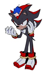 Size: 1279x2000 | Tagged: safe, artist:ringeater0405, shadow the hedgehog, sonic the hedgehog, 2025, animalified, cute, duo, literal animal, looking at them, on head, simple background, standing, white background