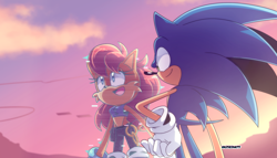 Size: 1842x1050 | Tagged: safe, artist:risziarts, sally acorn, sonic the hedgehog, chipmunk, hedgehog, sonic frontiers, 2024, duo, outside, ring, sally x sonic, sally's ringblader outfit, shipping, straight, sunset