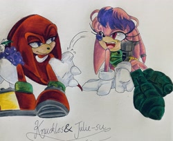 Size: 3697x3024 | Tagged: safe, artist:shayla-arts, julie-su, knuckles the echidna, echidna, 2024, duo, eating, female, food, fruit, grapes, knuxsu, male, shipping, simple background, sitting, straight, traditional media, white background