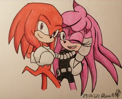 Size: 3868x3120 | Tagged: safe, artist:alex230691, julie-su, knuckles the echidna, echidna, 2022, duo, female, holding hands, hugging, knuxsu, looking at viewer, male, shipping, simple background, smile, straight, traditional media